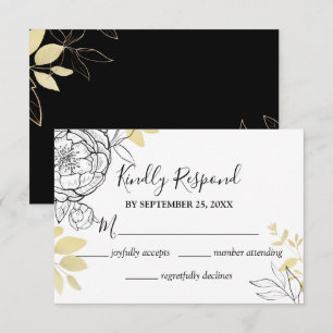 Classic Black & Gold Peony Floral Wedding RSVP Card