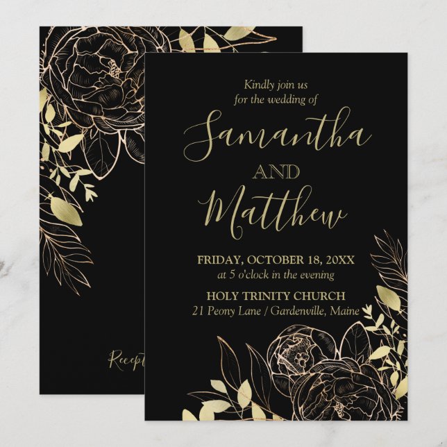 Classic Black & Gold Peony Modern Floral Wedding Invitation (Front/Back)