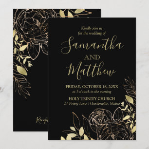 Classic Black & Gold Peony Modern Floral Wedding Invitation