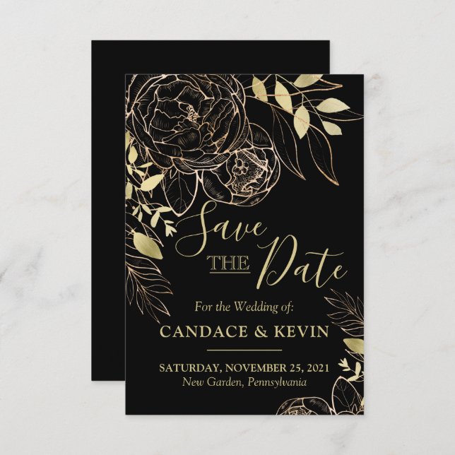 Classic Black & Gold Peony Modern Floral Wedding Save The Date (Front/Back)