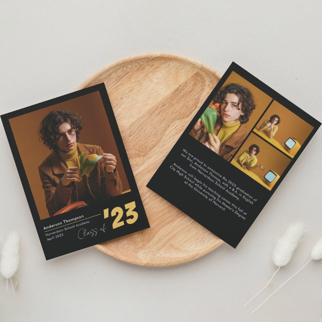 Classic Black Gold Script Photo Collage Graduation Announcement (Creator Uploaded)