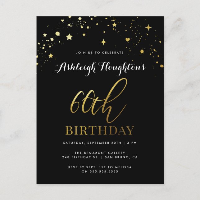 Classic Black & Gold Star Confetti 60th Birthday Invitation Postcard (Front)