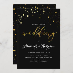 Classic Black & Gold Star Confetti Wedding Invitation