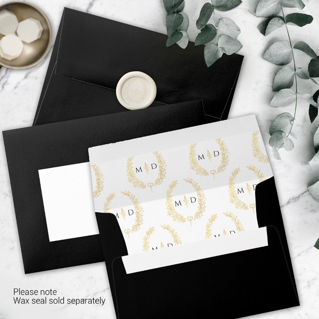 Classic black gold white monogram wreath wedding envelope (Creator Uploaded)