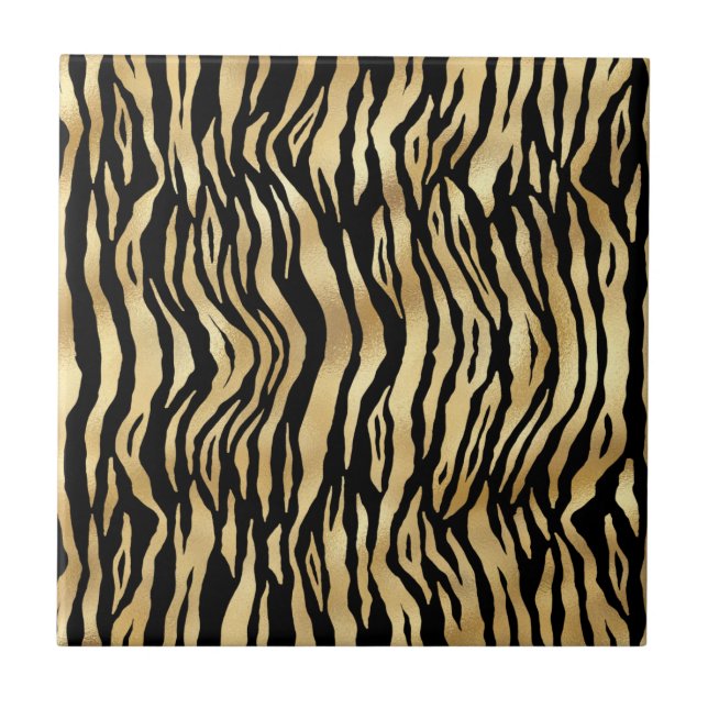 Classic Black Gold Zebra Animal Print Illustration Tile (Front)