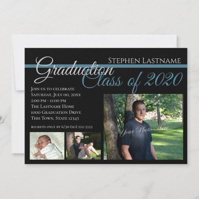 Classic Black Graduation Tri-Photo Invitation (Front)