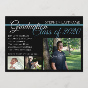 Classic Black Graduation Tri-Photo Invitation