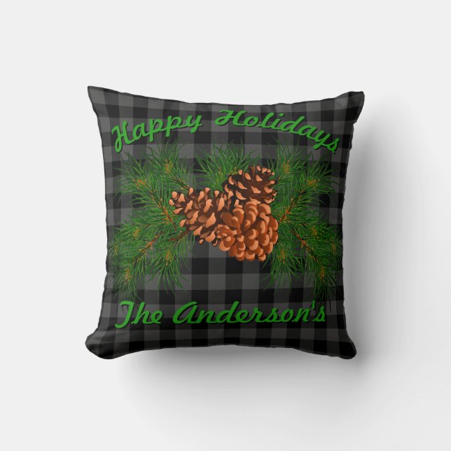 Classic black grey tartan plaid pattern pinecone  cushion (Front)
