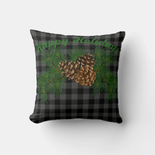 Classic black grey tartan plaid pattern pinecone cushion
