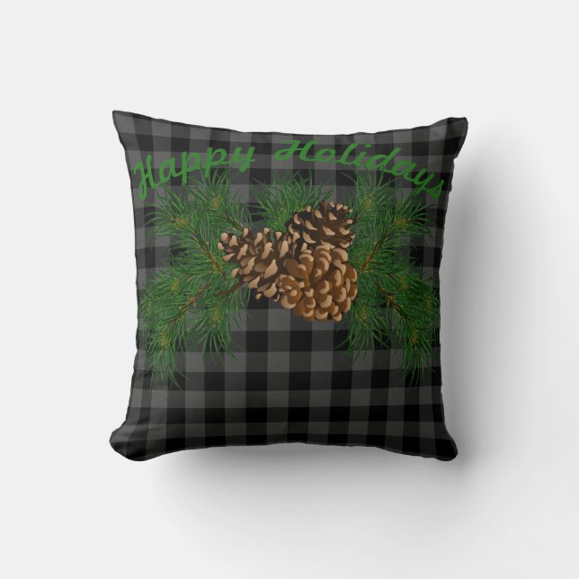 Classic black grey tartan plaid pattern pinecone cushion (Front)