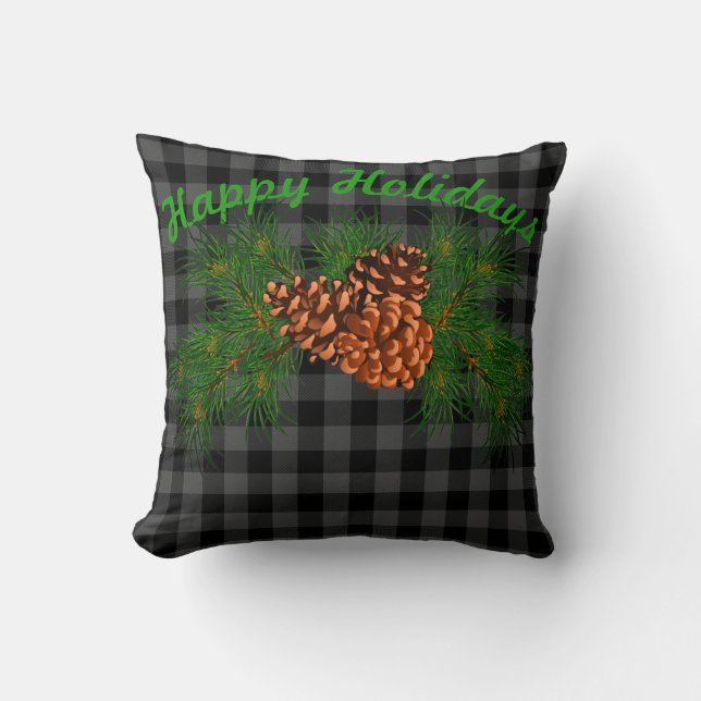Classic black grey tartan plaid pattern pinecone cushion (Front)