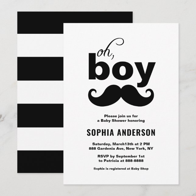 Classic Black It's a Boy Moustache Baby Shower Invitation (Front/Back)