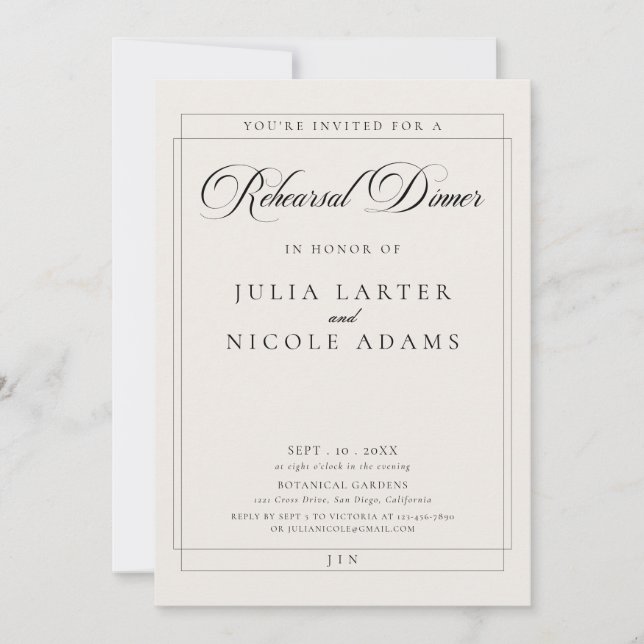 Classic Black Ivory Calligraphy Rehearsal Dinner Invitation (Front)