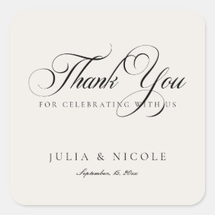 Classic Black Ivory Script Calligraphy Wedding Square Sticker
