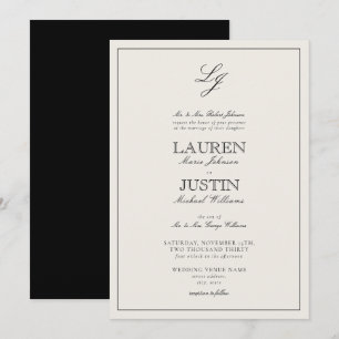 Classic Black & Ivory Script Monogram Wedding Invitation