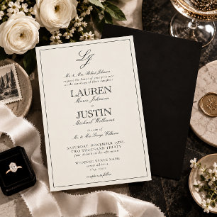 Classic Black & Ivory Script Monogram Wedding Invitation