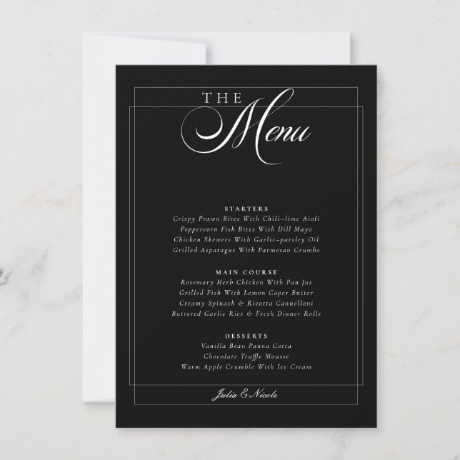 Classic Black Ivory White Calligraphy Wedding Menu Invitation (Front)