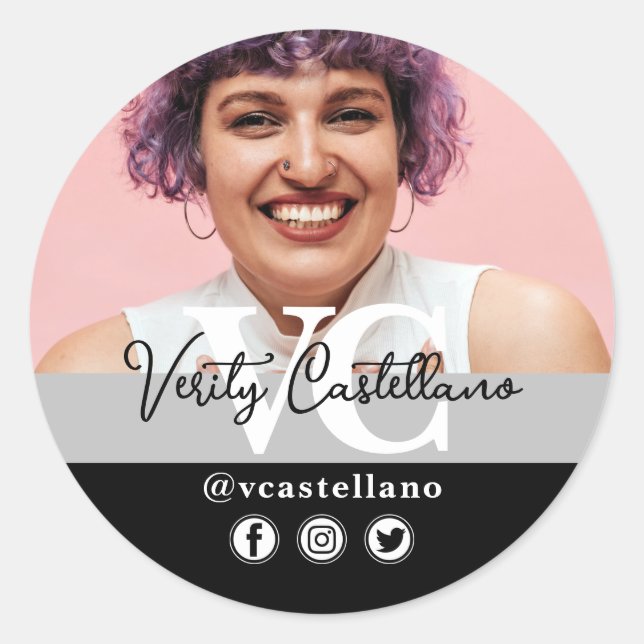 Classic Black Modern Script Name & Custom Photo Round Sticker (Front)