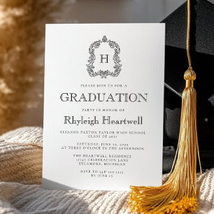 Classic Black Monogram Crest Graduation Party Invitation