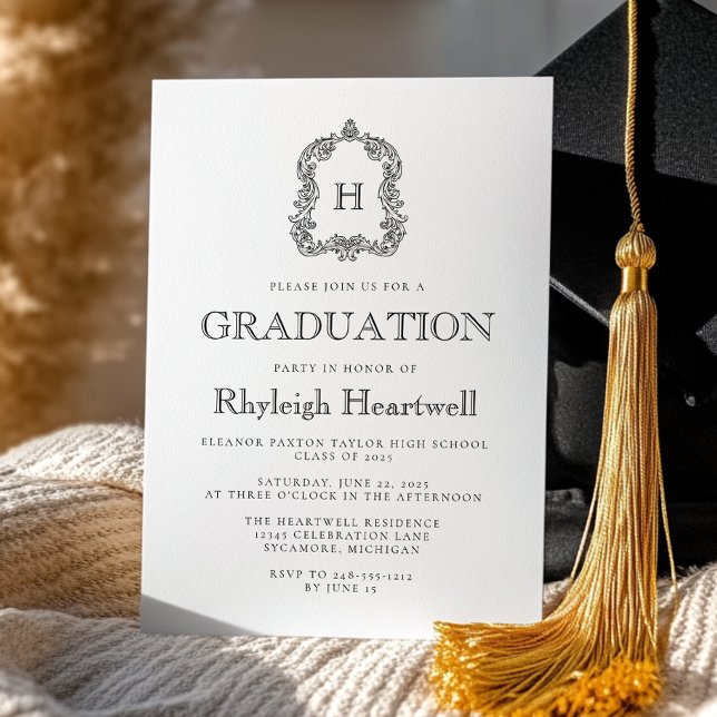 Classic Black Monogram Crest Graduation Party Invitation (Creator Uploaded)