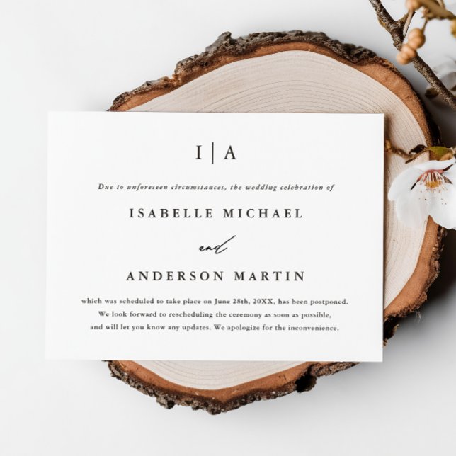 Classic Black Monogram Wedding Postponement Announcement (Creator Uploaded)