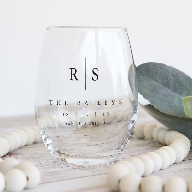Classic Black Monogram Wedding Stemless Wine Glass (Creator Uploaded)
