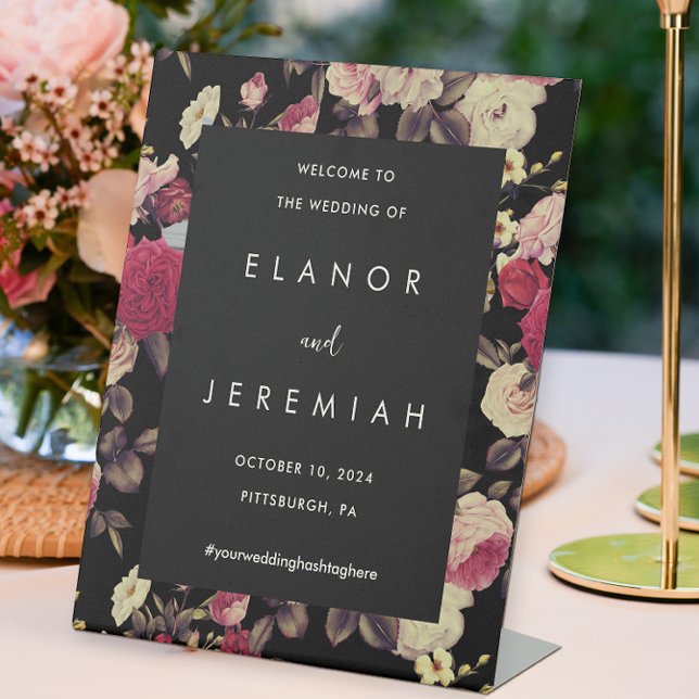 Classic Black Moody Floral Wedding Welcome Pedestal Sign (This pretty floral pedestal wedding sign announces your names and wedding date to guests.)
