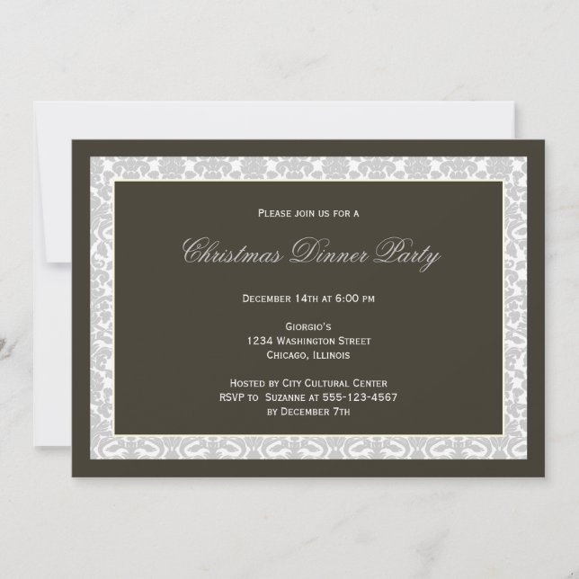 Classic black panel grey damask frame holiday invitation (Front)