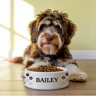 Classic Black Paw Print Personalized Pet Name Bowl