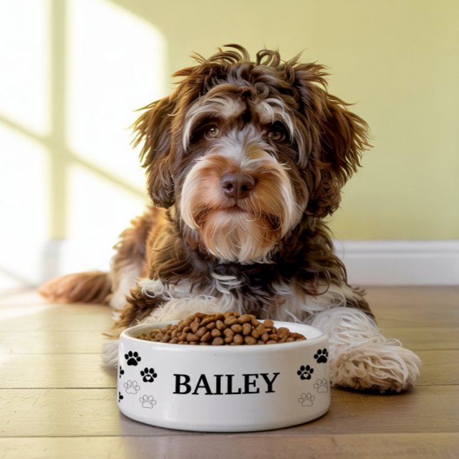 Classic Black Paw Print Personalized Pet Name Bowl (Creator Uploaded)