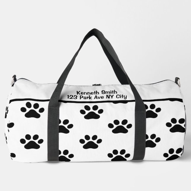 Classic Black Paw Print White Monogram Personalise Duffle Bag (Front)