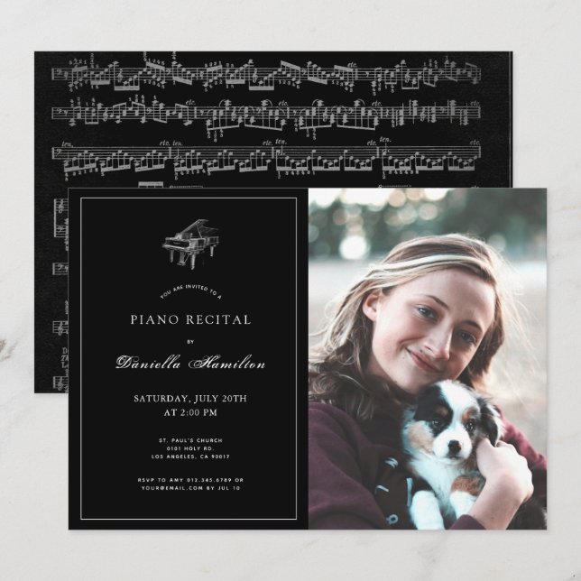 Classic Black Piano Recital Photo Invitation (Front/Back)