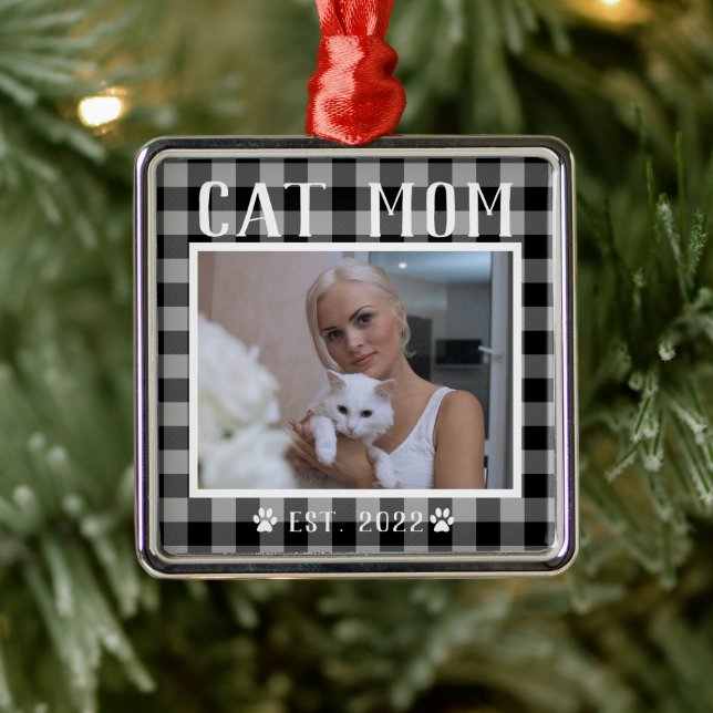 Classic Black Plaid Personalised Cat Mum Photo Metal Tree Decoration (Tree)