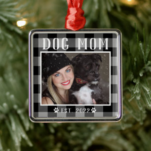 Classic Black Plaid Personalised Dog Mum Photo Metal Tree Decoration