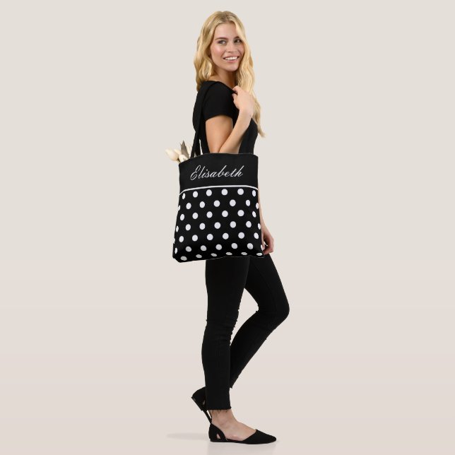 Classic Black Polka Dot Name Tote Bag (On Model)