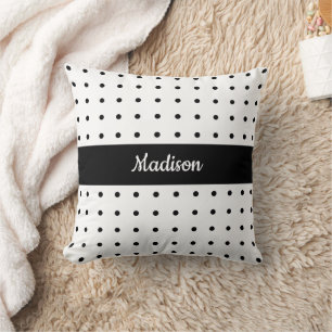 Classic Black Polka Dot Pattern on White with Name Cushion