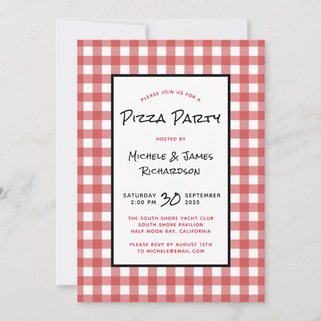 Classic Black Red White Gingham Pizza Party Invitation (Front)