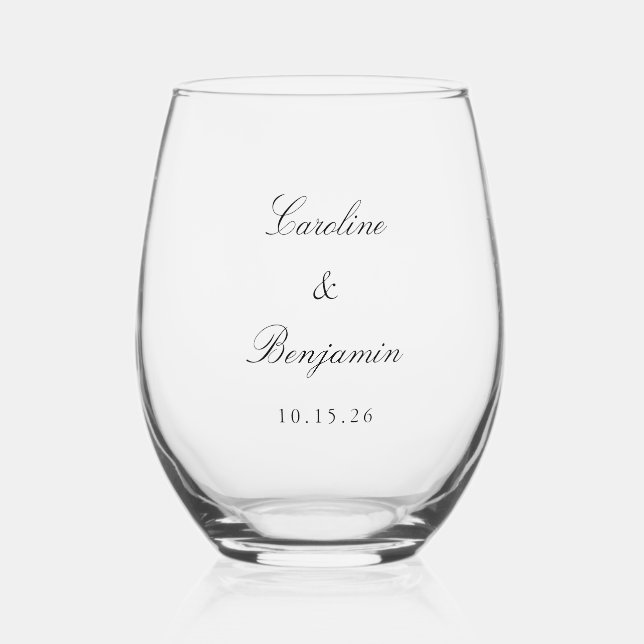 Classic Black Script Elegant Wedding Custom Name Stemless Wine Glass (Front)