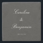 Classic Black Script Elegant Wedding Custom Name Stone Coaster<br><div class="desc">Celebrate your special day with this personalised stone coaster, featuring a minimalist design that exudes timeless elegance. Perfect for weddings or anniversaries, this coaster showcases your names and date in a delicate script against a natural slate-grey background, offering a sophisticated and functional keepsake. Ideal as a unique favour for guests...</div>