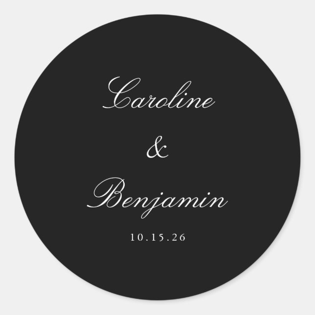 Classic Black Script Elegant Wedding Custom Round Sticker (Front)