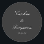 Classic Black Script Elegant Wedding Custom Round Sticker<br><div class="desc">Stylish Formal Classic Traditional Script Elegant Wedding Invitation Custom Classic Round Sticker with Black Background and White Text</div>