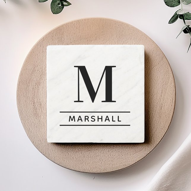 Classic Black Serif Monogram Family Name Stone Coaster (Creator Uploaded)