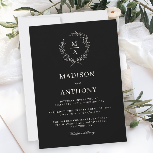 Classic Black Simple Elegant Monogram Wedding Invitation (Creator Uploaded)