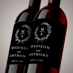 Classic Black Simple Elegant Monogram Wedding Wine Label
