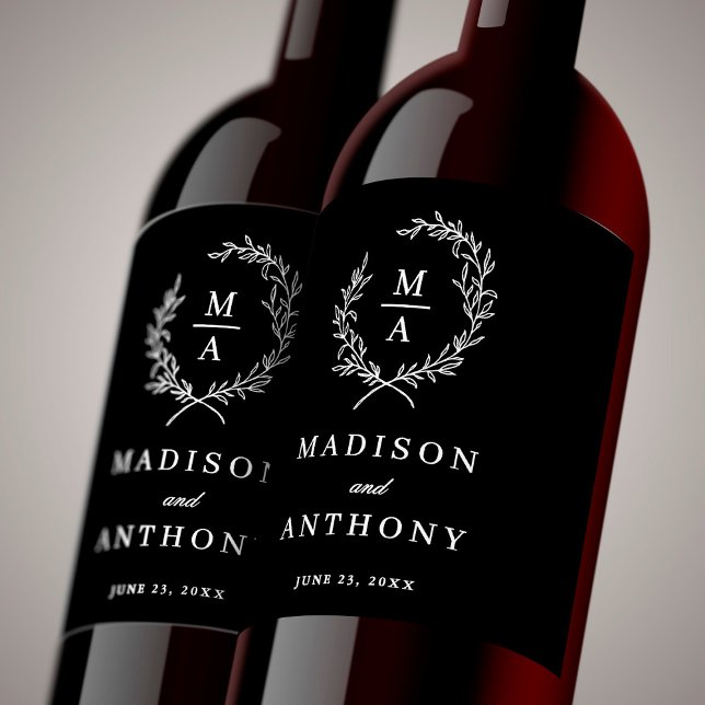 Classic Black Simple Elegant Monogram Wedding Wine Label (Creator Uploaded)