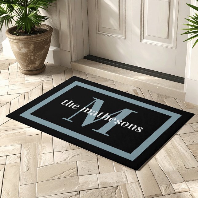 Classic Black & Slate Family Name & Monogram Doormat (Creator Uploaded)