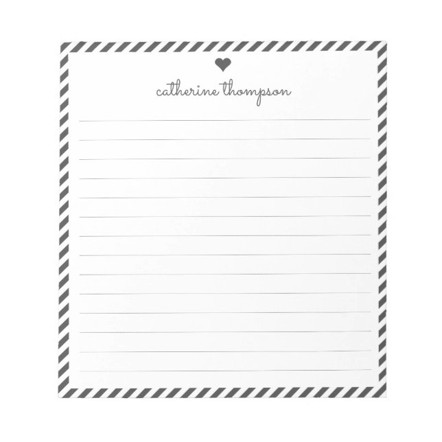 Classic Black Stripe Feminine Script Heart Name Notepad (Front)