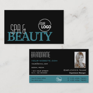 Classic Black Teal White Simple Logo and Photo Business Card