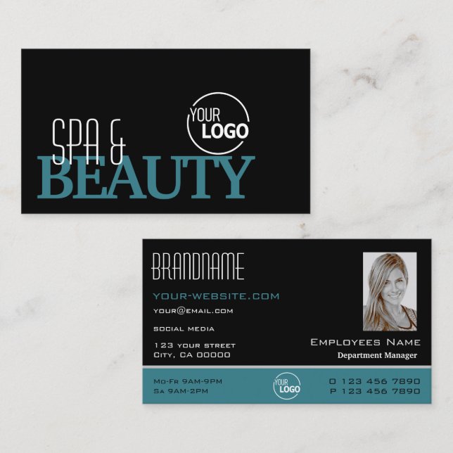 Classic Black Teal White Simple Logo and Photo Business Card (Front/Back)