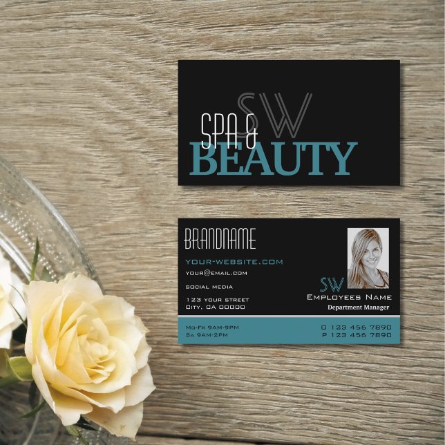 Classic Black Teal White with Monogram and Photo Business Card (Creator Uploaded)